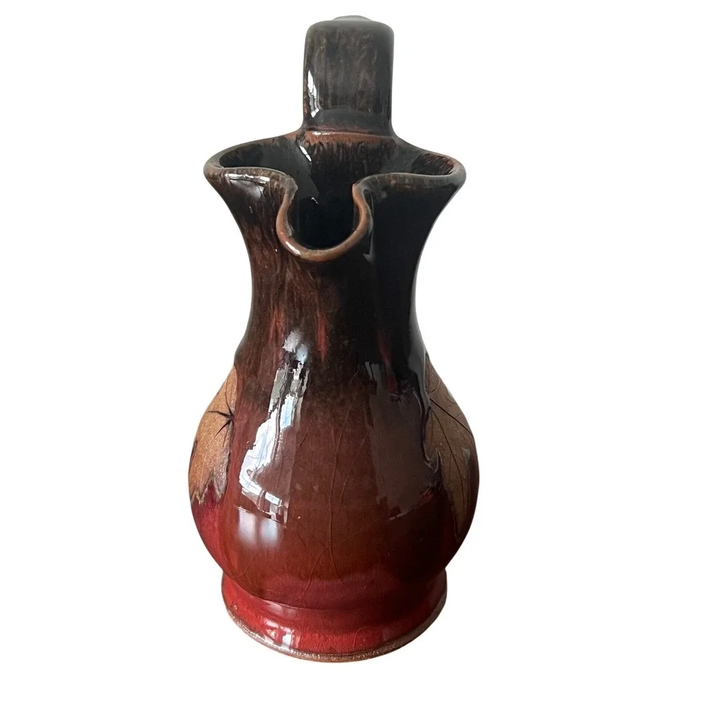 Alewine Pottery 2008 Signed Maple Leaf Pitcher Brown Red Glaze Studio Stoneware